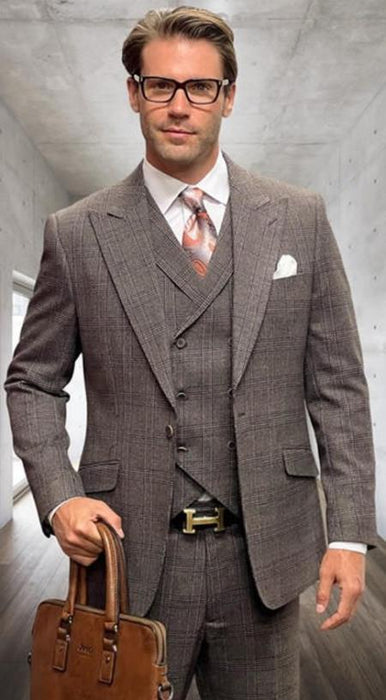 Brown Plaid - Vested Suits - Statement Brand - Vested Suits Wool suits - Suits with Double Breasted Vest - Windowpane Pattern