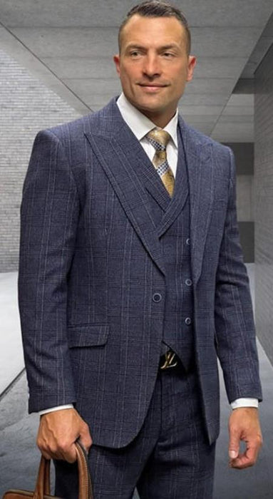 Navy Plaid - Vested Suits - Statement Brand - Vested Suits Wool suits - Suits with Double Breasted Vest - Windowpane Pattern