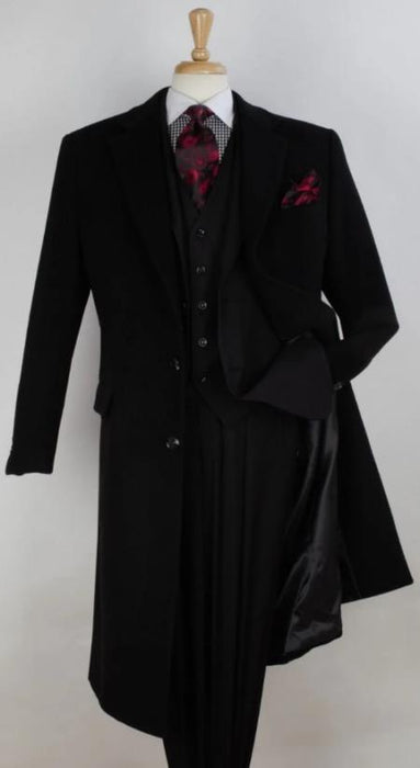 Men's 100% Wool Full Length Length Top Coat - Hidden Button Black Windowpane