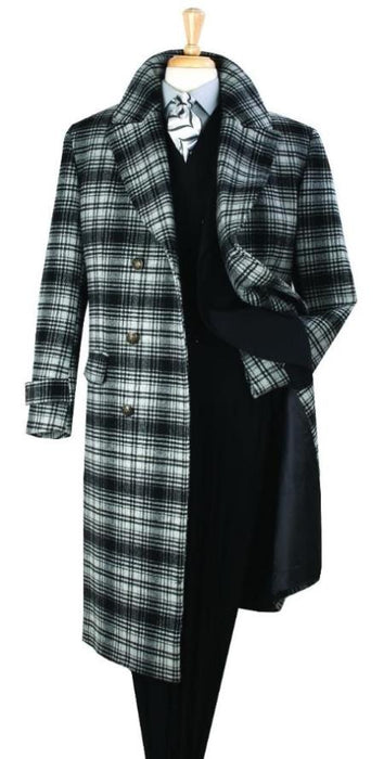 Men's Full Length Top Coat - Wide Fashion Lapel Black Windowpane