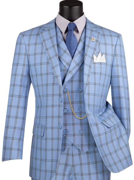 Vinci Mens Windowpane 3-Piece Suit Modern Fit - Light Blue