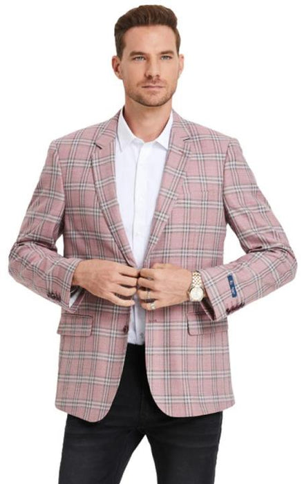 Mens Two Button Business Casul Double Windowpane Sport Coat in Rose Pink