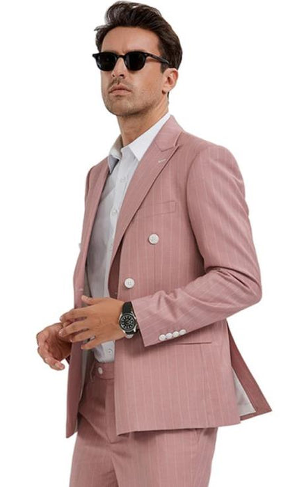 Mens Pink Slim Fit Double Breasted Pin Stripe Pattern in Pink