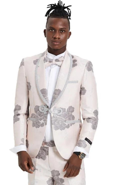 Mens One Button Shawl Lapel Floral Pattern Tuxedo in Pink ~ Silver