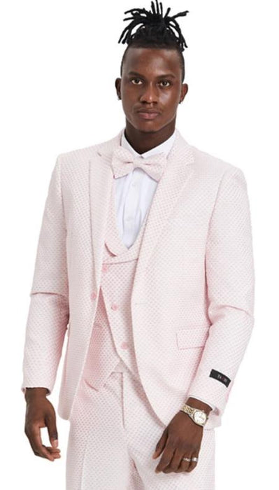 Mens One Button Double Breasted Vest Notch Lapel in Pink Polka-Dot Suit