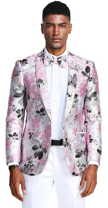 Mens Slim Fit Shawl Label Paisley Prom Tuxedo Jacket in Pink and Black