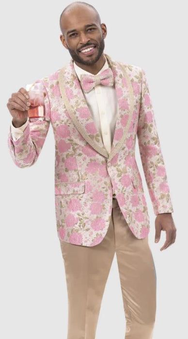 Mens One Button Pink and Gold Paisley Pattern Prom Dinner Jacket