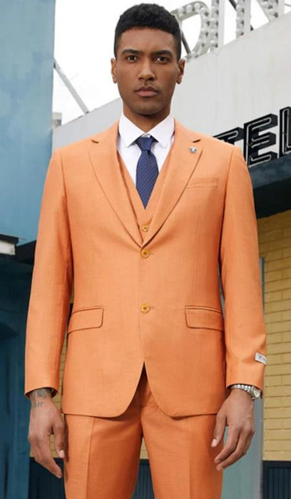 Mens Two Button Notch Lapel Fancy Vested Suit in Orange