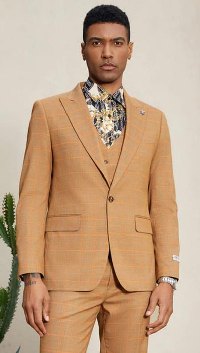 Mens One Button Slim Fit Windowpane Plaid Suit in Rust