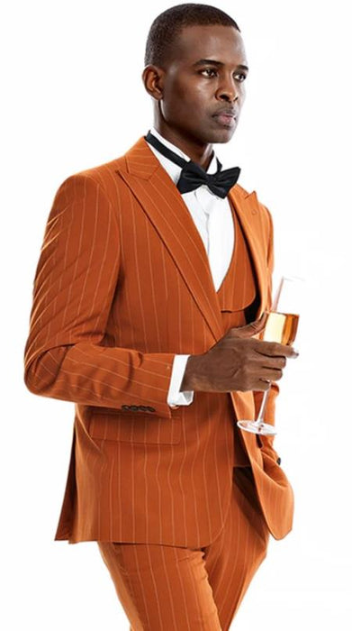 Mens One Button Peak Label Skinny Fit Suit in Orange Rust