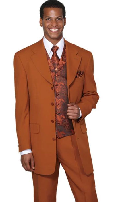 Mens Four Button Peak Label Vested Fashion Suit in Rust