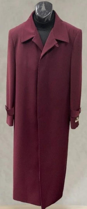 Mens Full Length 53 inch Long Top Coat - Single Breasted - Microfiber Fabric Burgundy