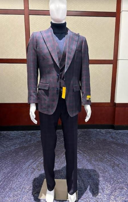 Wool Suit - Mens Plaid Suit - Checkered Windowpane - Super 150s Fabric Business Suit Blue