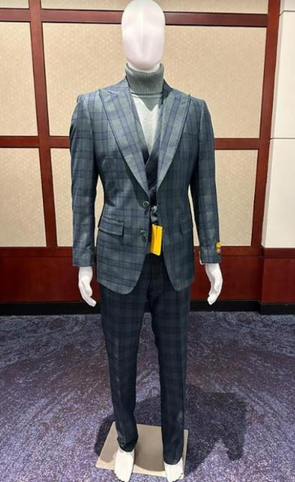 Wool Suit - Mens Plaid Suit - Checkered Windowpane - Super 150s Fabric Business Suit Gray