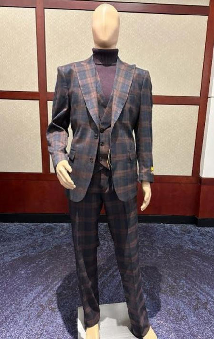 Wool Suit - Mens Plaid Suit - Checkered Windowpane - Super 150s Fabric Business Suit Brown