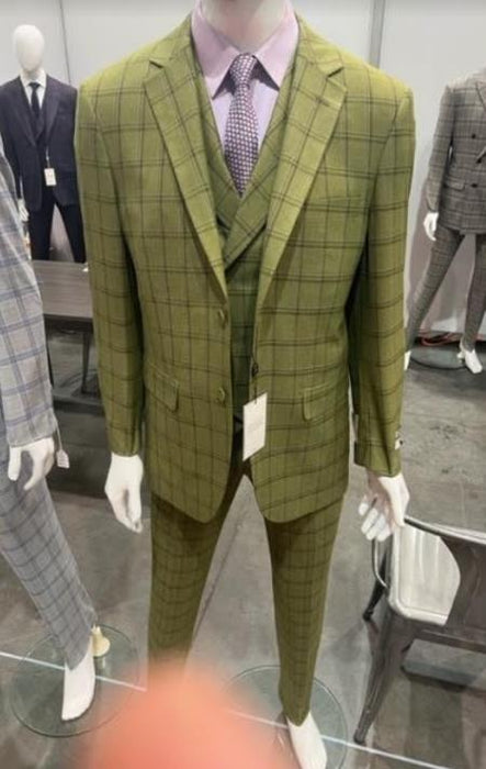 Peak Lapel Suit - Plaid Suit - Windowpane Pattern Color Suit - Sage Green