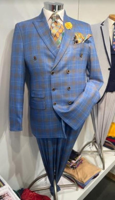 Peak Lapel Suit - Plaid Suit - Windowpane Pattern Color Suit - Steel Blue and Brown Pattern