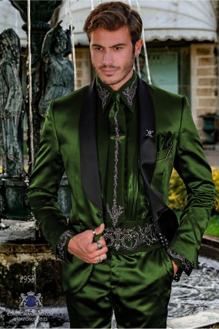 Sateen Fabric Suit - Shiny Tuxedo - Prom Suit - Groom Tuxedos - Olive Green