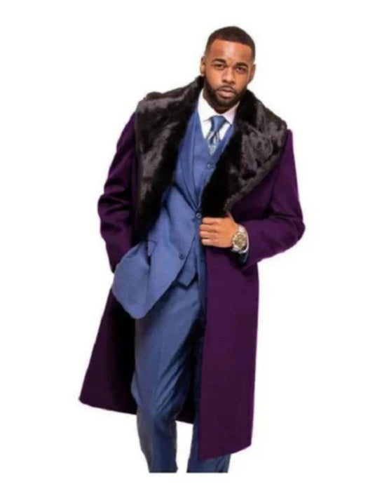 Purple Overcoat ~ Long Men's Dress Topcoat - Winter coat With Fur Collar in and Fabric