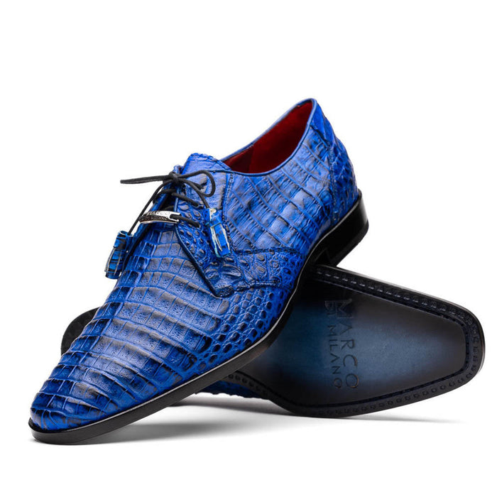 Men's Electric Blue Caiman Cowboy Boots - J Toe Western Gator Derby Boots - Marco Milano Exotic Leather