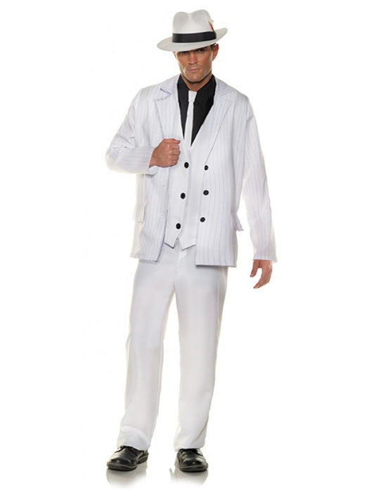 White and Black Pinstripe Vested Suit + Matching White Hat + Shirt And Tie - Gangster Suit