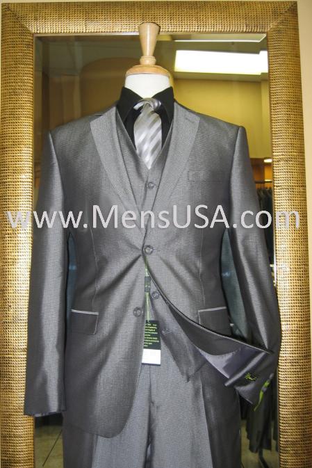 2 Button 3 Piece Silver Shiny Slim Fit Suit mensusa