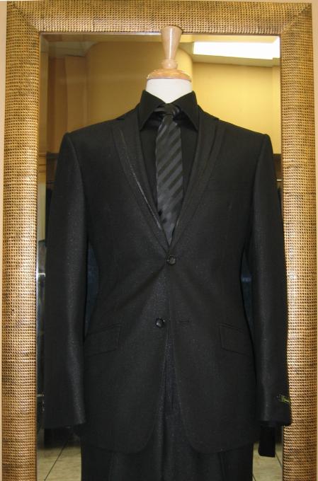 2 Button Black Slim Fit Suit with Taping on the Lapels mensusa