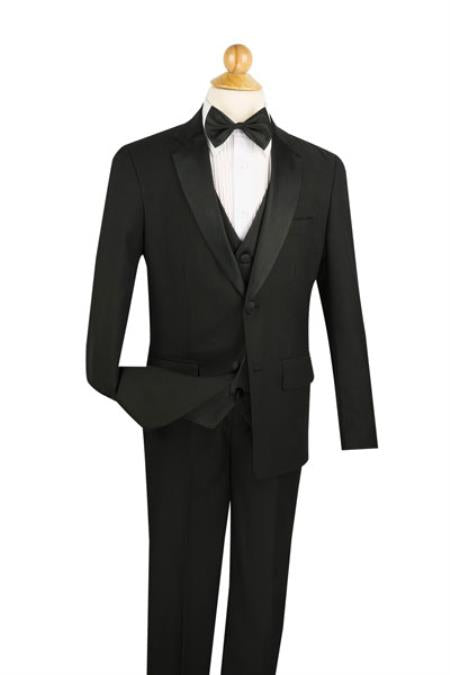 Two Button Boy's 5 Piece Tuxedo Pleated Pant,Shirt And Bow Tie Kids Sizes Black Perfect for toddler Suit wedding attire outfits