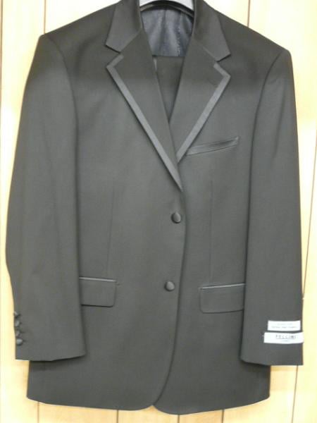 2 Button Solid Black Tuxedo with Black Trim No pleated pants Wool Suit mensusa