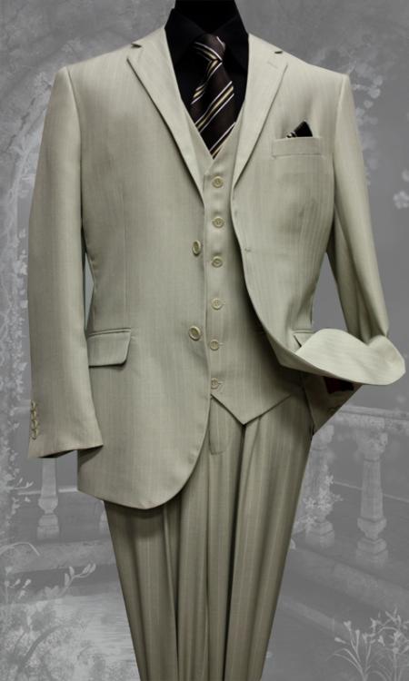 2 Button Vested 3 Piece Tan Beige Pinstripe Suit mensusa