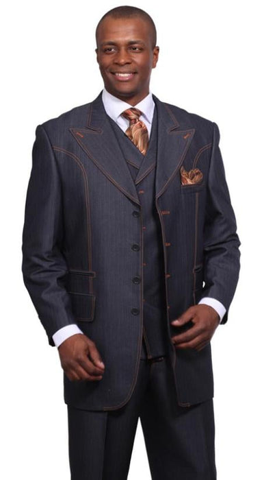 Men's 3 Piece 37Inch Length Denim Suit with Wide Lapels Blue - Three Piece Suit