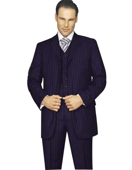 Amazing Qality Dark Navy Blue Suit For Men Pinstripe Poly~Rayon 3 ~ Three Piece Suit Vested Avai mensusa