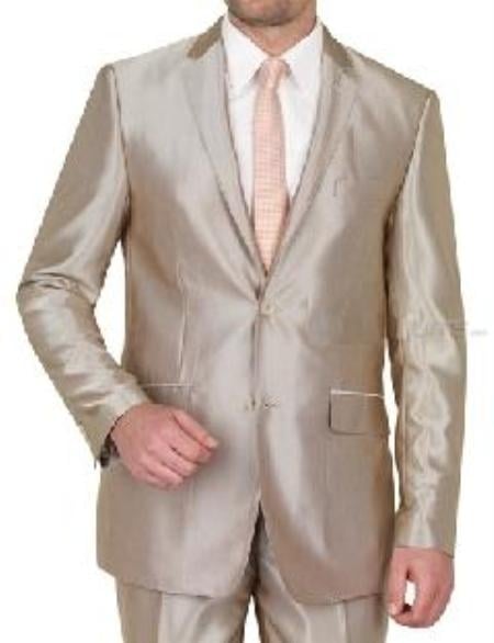 Beige Shiny sharkskin Men's Suit Side-Vented Mocca-Bronze ~ Camel-Sand-Taupe Khaki Champagne mensusa