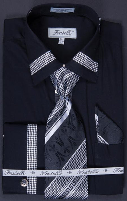 French Cuff Tie, Hanky and Cuff Links - Patched Black Men's Dress Shirt