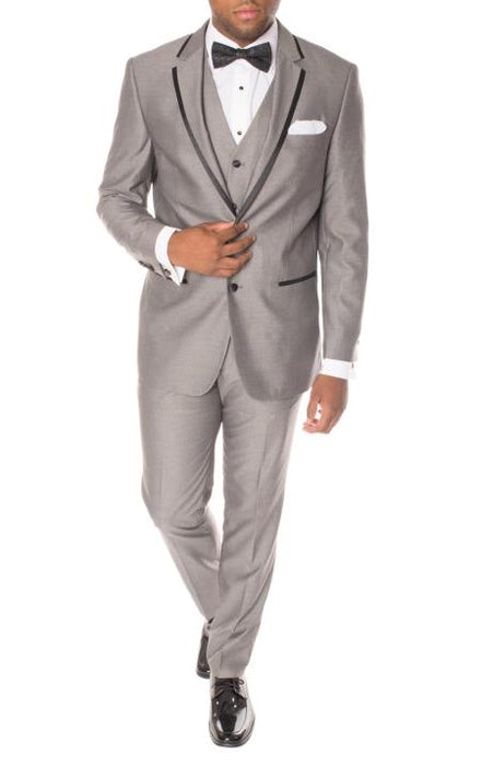 Groomsmen Suits Men's Grey And Black Trimmed 3 Piece Slim Fit Polyester Vested Tuxedo