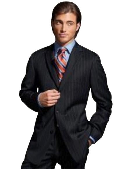 Black Pinstripe 3 Button Super 140's poly~rayon Three ~ 3 Buttons style - mensusa