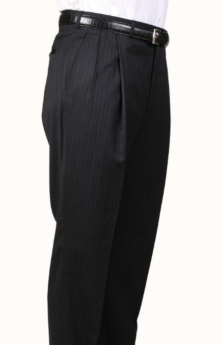 Black Pinstripe, Parker, Pleated Pants Lined Trousers unhemmed unfinished bottom mensusa