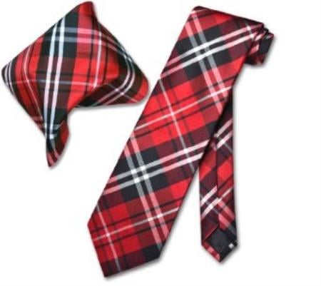 Black Red White NeckTie & Handkerchief Matching Tie Set - Men's Neck Ties - Mens Dress Tie - Trendy Mens Ties