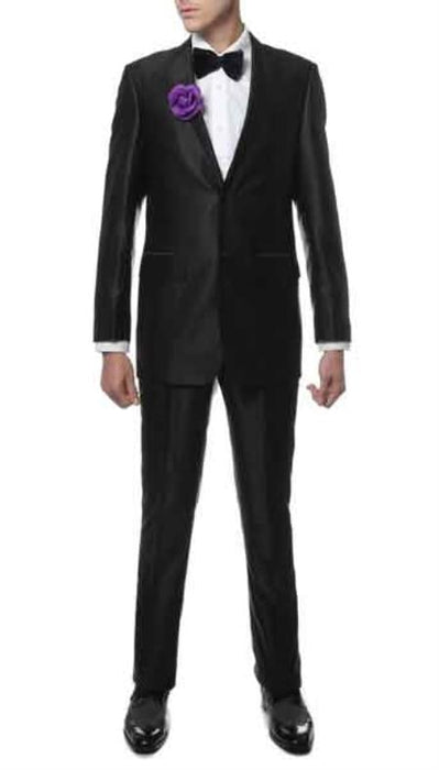 Men's 2 Button Closure Sharkskin Slim Fitted Suit Black