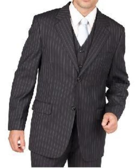 Men's Black Pinstripe 2 Button Vested 3 Piece three piece suit - Jacket + Pants + Vest