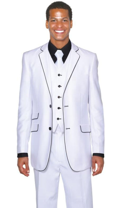 Black Lapel Two Toned Men's 2 Button 3 Piece Church Suit White Tuxedo With Black Trim - Three Piece Suit