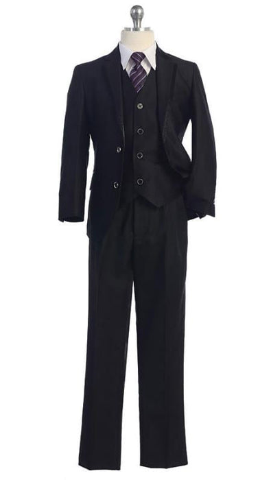 Black 5 Piece Boys Kids Sizes Tuxedo Four Button Vest Jacket Perfect for toddler Suit wedding attire outfits