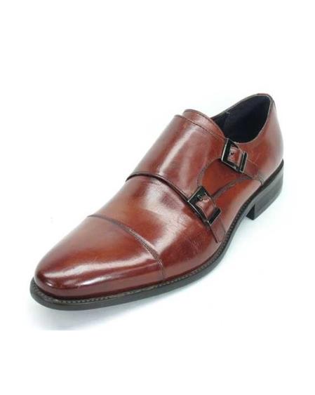 Men's Fashionable Carrucci Brown Calfskin Double Buckles Slip On Style Stylish Dress Loafer