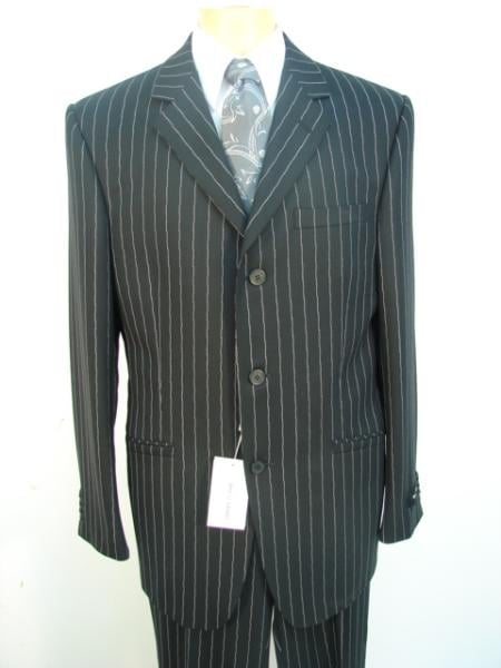 Buttons Super 120's Jet Black Pinstripe 1 Pleat Pants Available in 2 or 3 Buttons Style Regular Classic Cut - mensusa