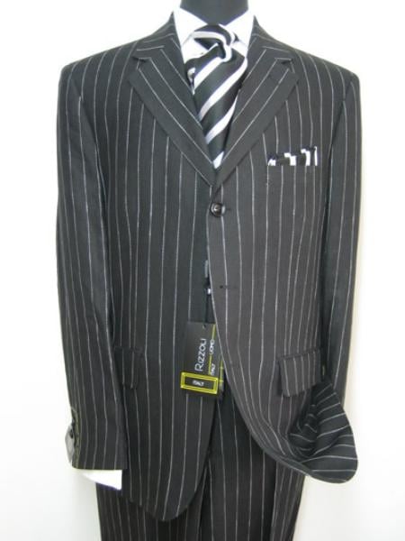 Celebrity Jet Black Pinstripe Rayon Fabric 1920's 30's Fashion Look Available in 2 or Three ~ 3 Buttons Bold Chalk Stripe italian fabric Design - mensusa