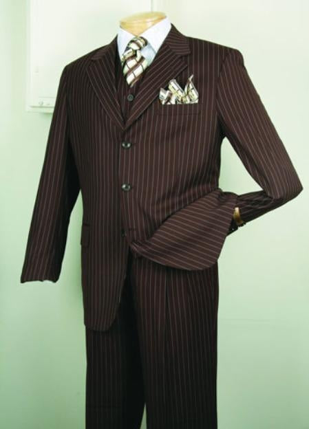 Chalk Bold Gangster Men's 1920's 30's Fashion Look Available in 2 or Three ~ 3 Buttons Style in Regular Classic Cut Luxurious Fashion three piece Cheap Priced Business Suits Clearance Sale Classic Stripe ~ Pinstripe Design Brown mensusa