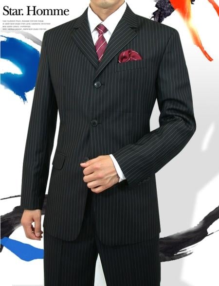 Cheap Priced Men's Dress Suit For Sale 3 Button Style Jet Black Pinstripe Light Weight On Sale - mensusa