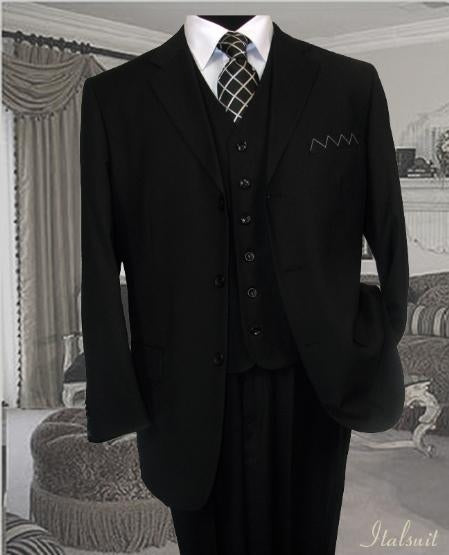 Classic 3PC 3 Button Solid Black Vested Men's Suit With Pleated Pants mensusa