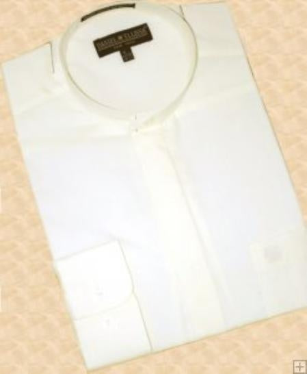 Cream Ivory Banded collarless Cotton Blend Men's Dress Shirt mensusa