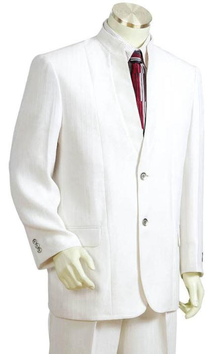 Men's Button Fastener Mandarin Collar Cross Stripe White Zoot Suit